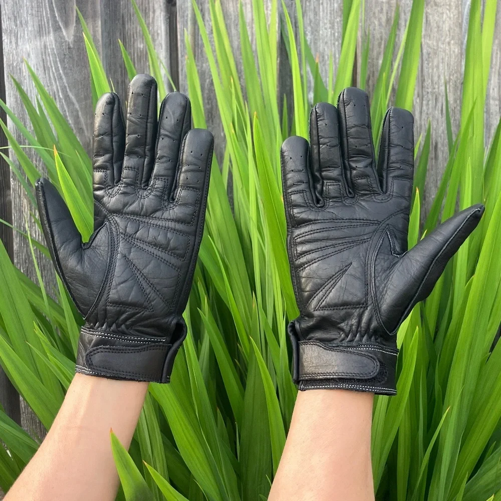 Leather Motorcycle Riding Biker Gloves, Black, Size Large